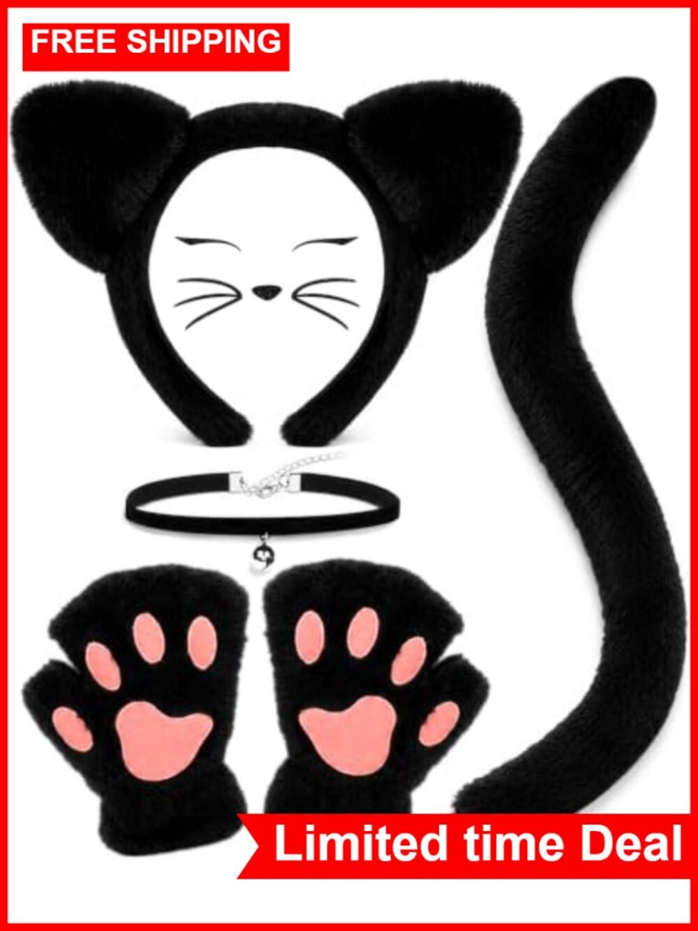 Black Cat Costume Set Ears Tail Paws Gloves Collar Halloween